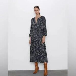 Zara Black White Ditsy Floral Spot Tiered Midi Dress Size S